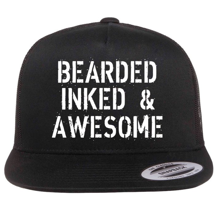 Bearded Inked & Awesome Beard Tattoo Logo Flat Bill Trucker Hat