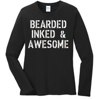 Bearded Inked & Awesome Beard Tattoo Logo Ladies Long Sleeve Shirt