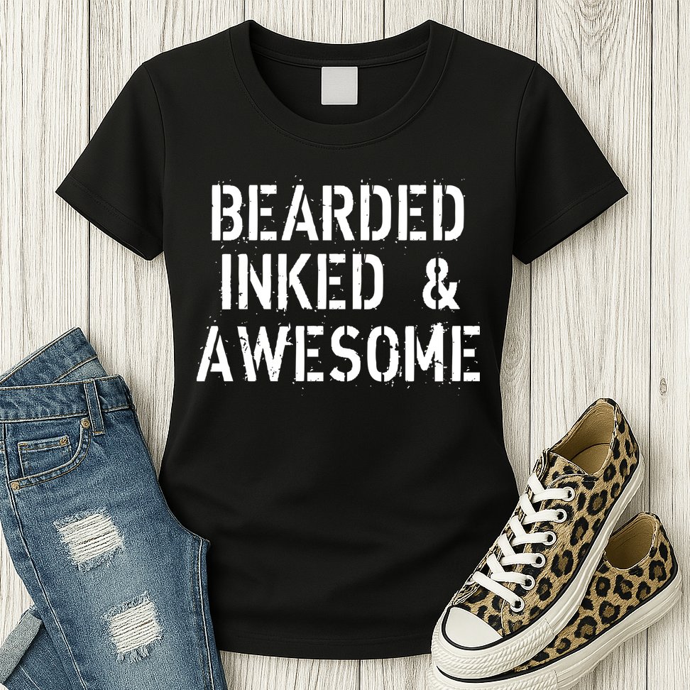 Bearded Inked & Awesome Beard Tattoo Logo Womens T-Shirt