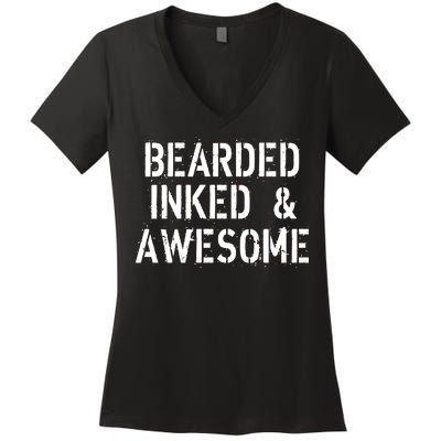 Bearded Inked & Awesome Beard Tattoo Logo Women's V-Neck T-Shirt