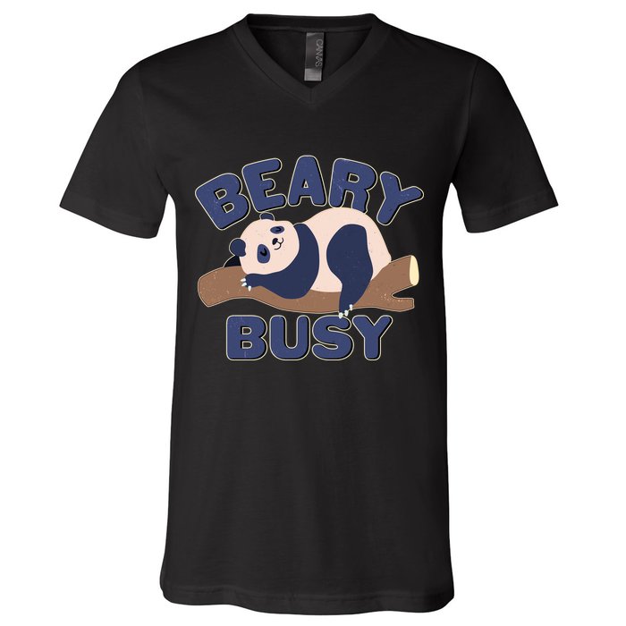 Beary Busy Cute Lazy Panda V-Neck T-Shirt