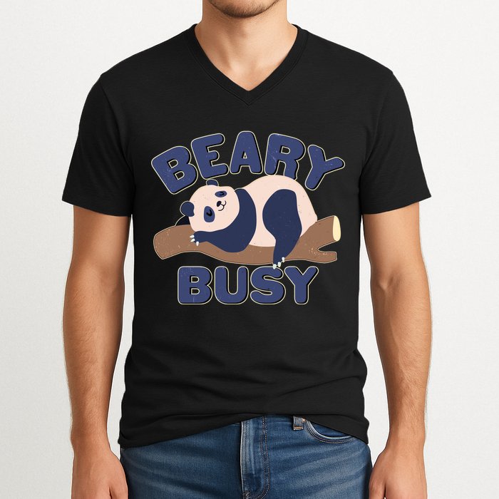 Beary Busy Cute Lazy Panda V-Neck T-Shirt