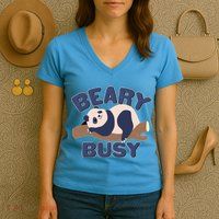 Beary Busy Cute Lazy Panda Women's V-Neck T-Shirt