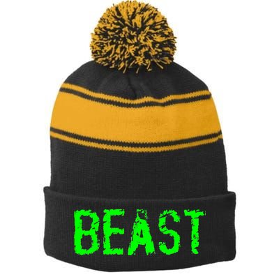 Beast Gym Workout Mode Fitness Logo Stripe Pom Pom Beanie