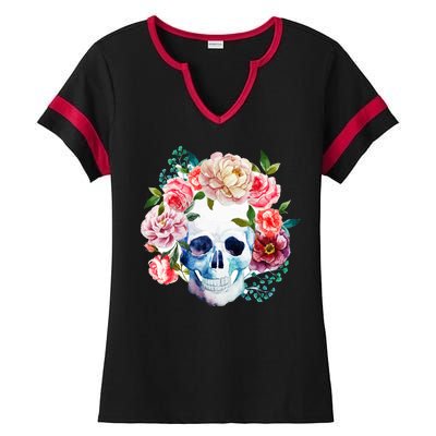 Beautiful Flower Skull Ladies Halftime Notch Neck Tee