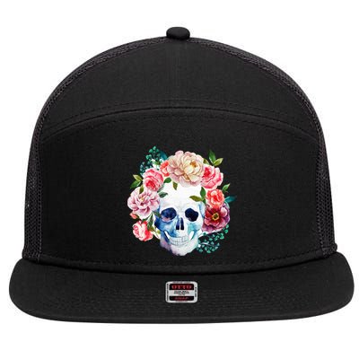 Beautiful Flower Skull 7 Panel Mesh Trucker Snapback Hat