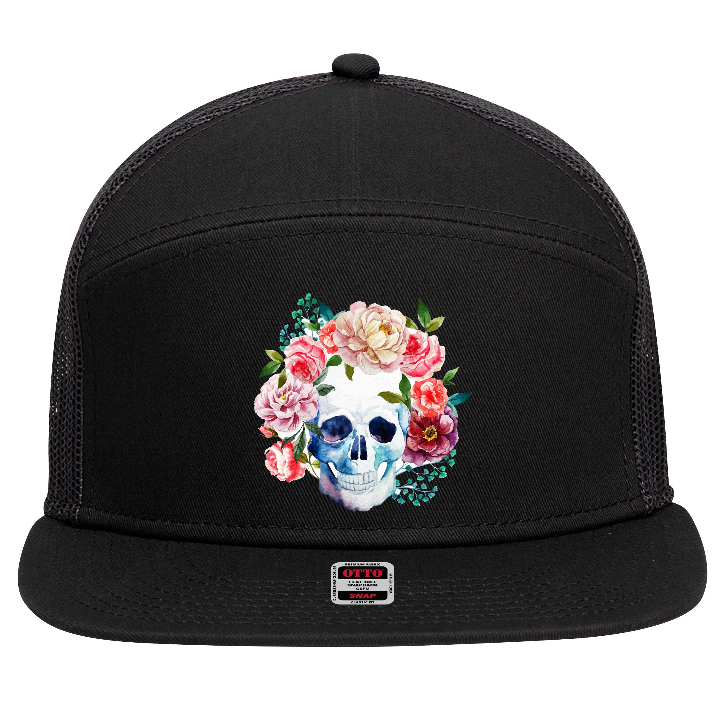 Beautiful Flower Skull 7 Panel Mesh Trucker Snapback Hat