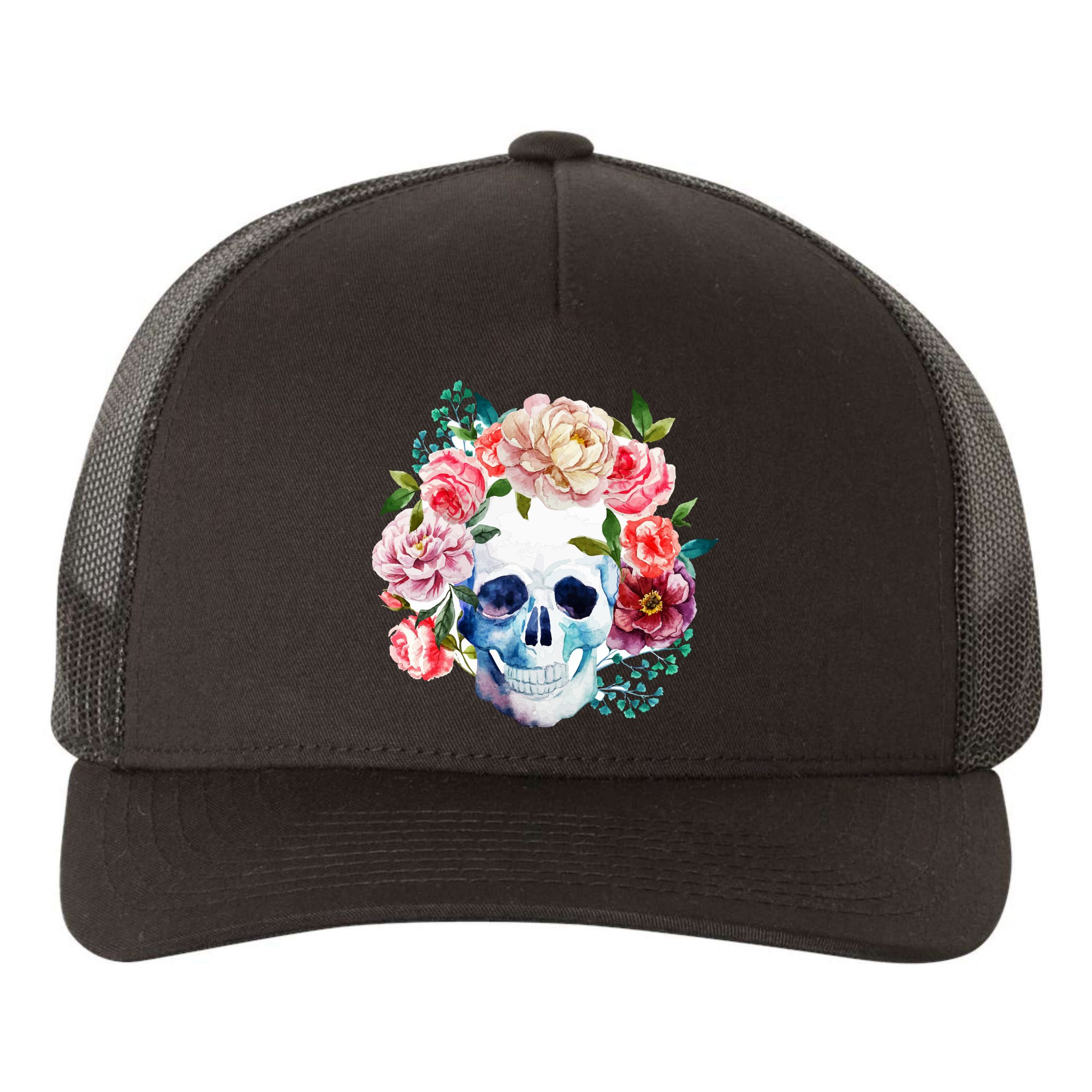 Beautiful Flower Skull Yupoong Adult 5-Panel Trucker Hat