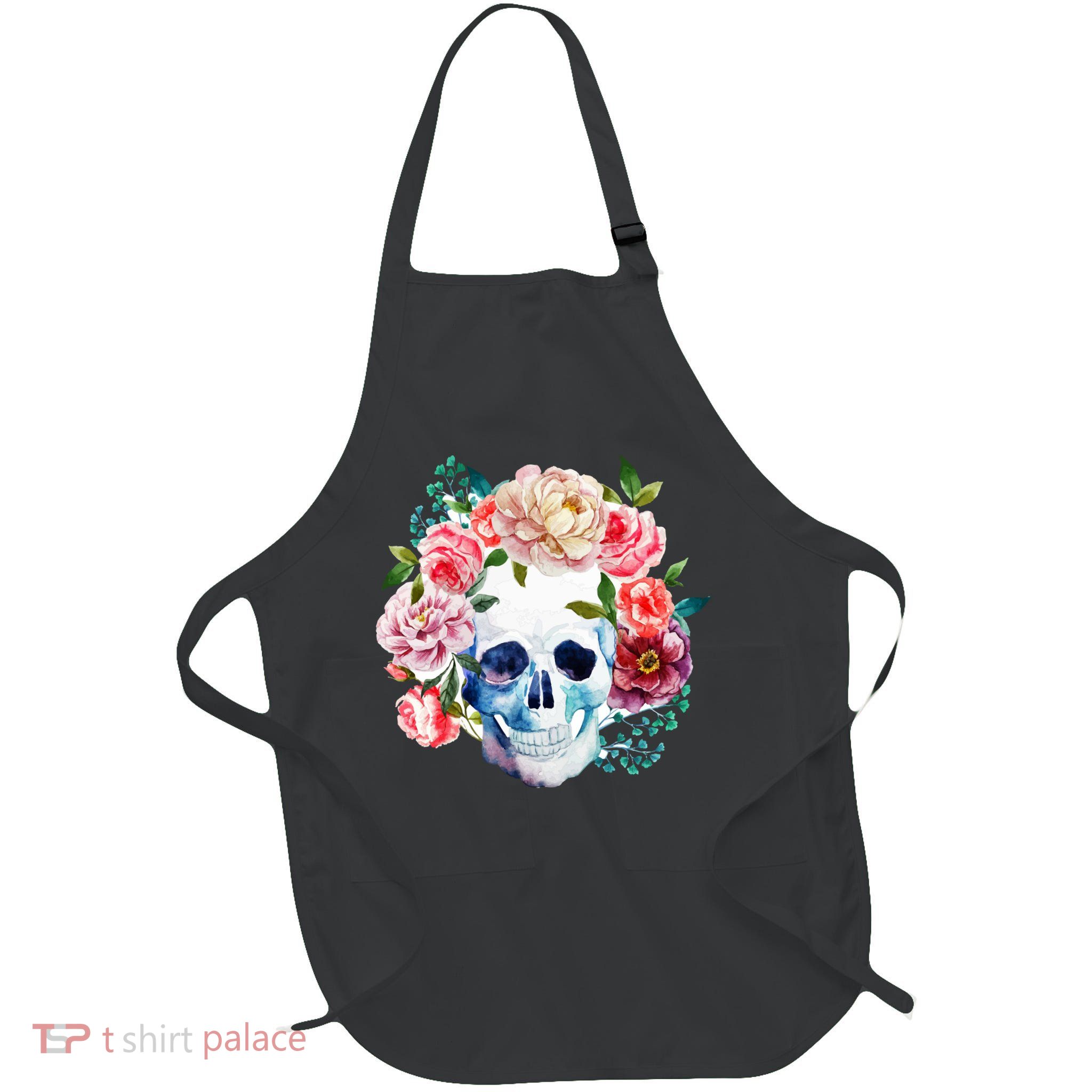 Beautiful Flower Skull Full-Length Apron With Pockets