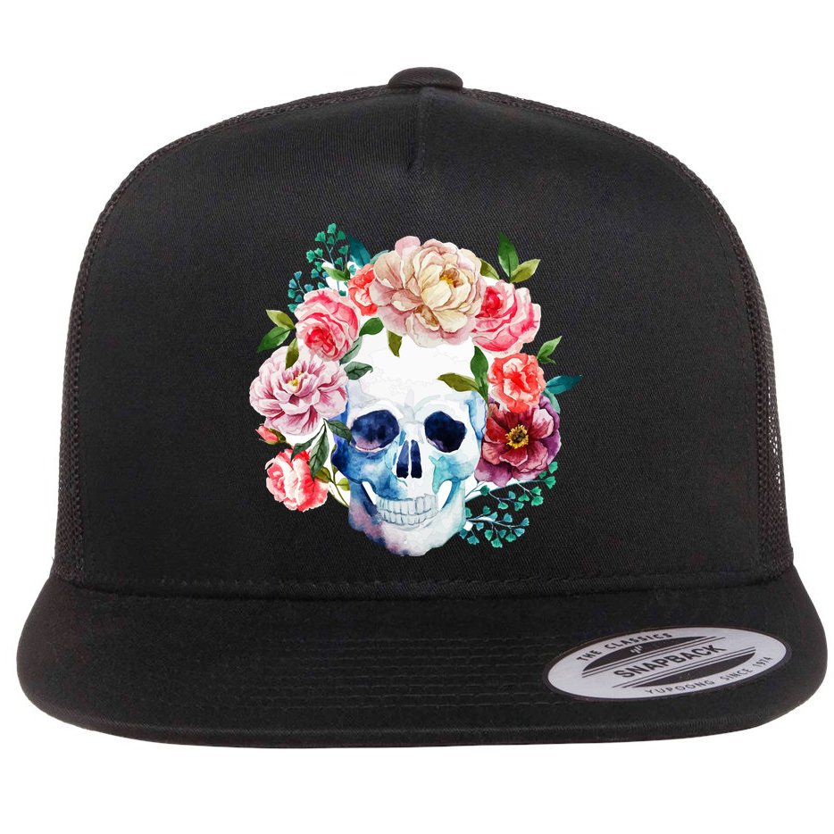 Beautiful Flower Skull Flat Bill Trucker Hat