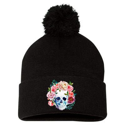 Beautiful Flower Skull Pom Pom 12in Knit Beanie