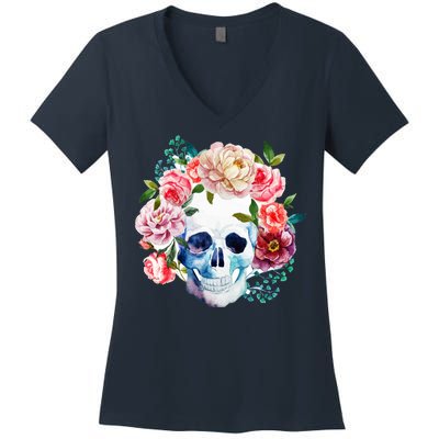 Beautiful Flower Skull Women's V-Neck T-Shirt