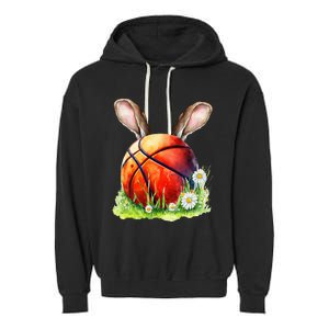 Basketball Easter Bunny Ears Easter Eggs Hunting Basket Garment-Dyed Fleece Hoodie