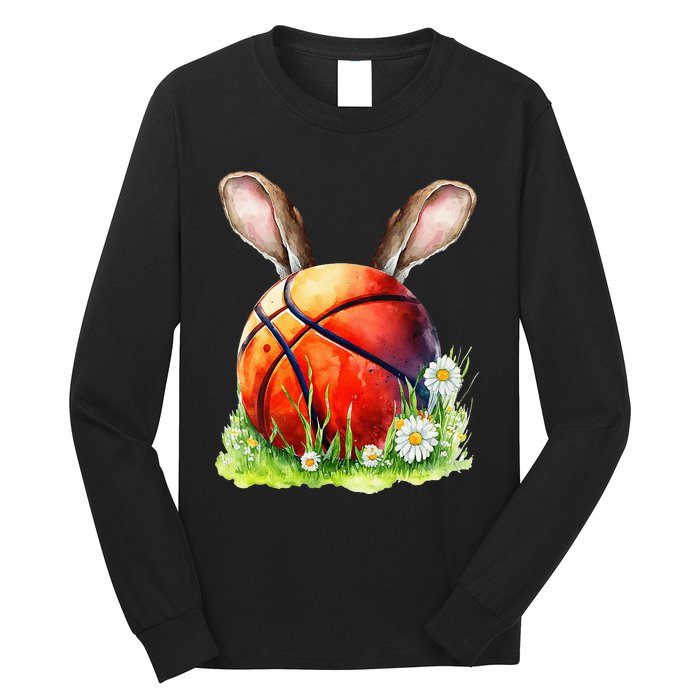 Basketball Easter Bunny Ears Easter Eggs Hunting Basket Long Sleeve Shirt