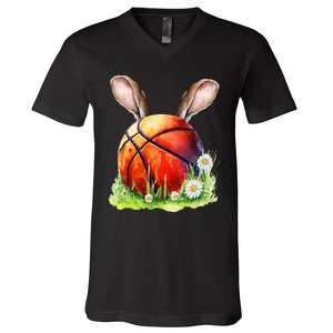 Basketball Easter Bunny Ears Easter Eggs Hunting Basket V-Neck T-Shirt