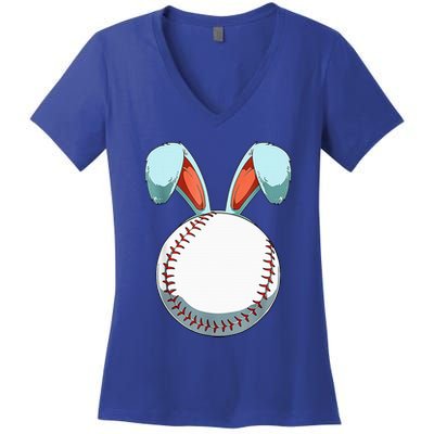 Baseball Easter Bunny Ears Easter Eggs Hunting Basket Women's V-Neck T-Shirt