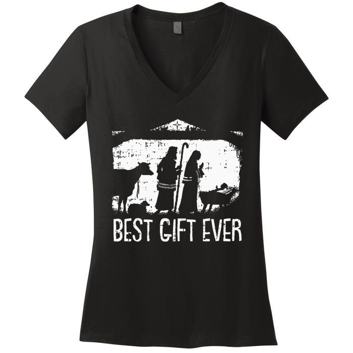 Best Ever Christmas Cool Jesus Nativity Scene Christian Women's V-Neck T-Shirt