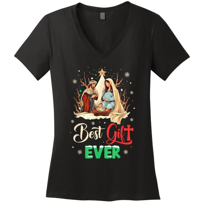 Best Ever Christmas Cool Jesus Nativity Scene Christian Women's V-Neck T-Shirt