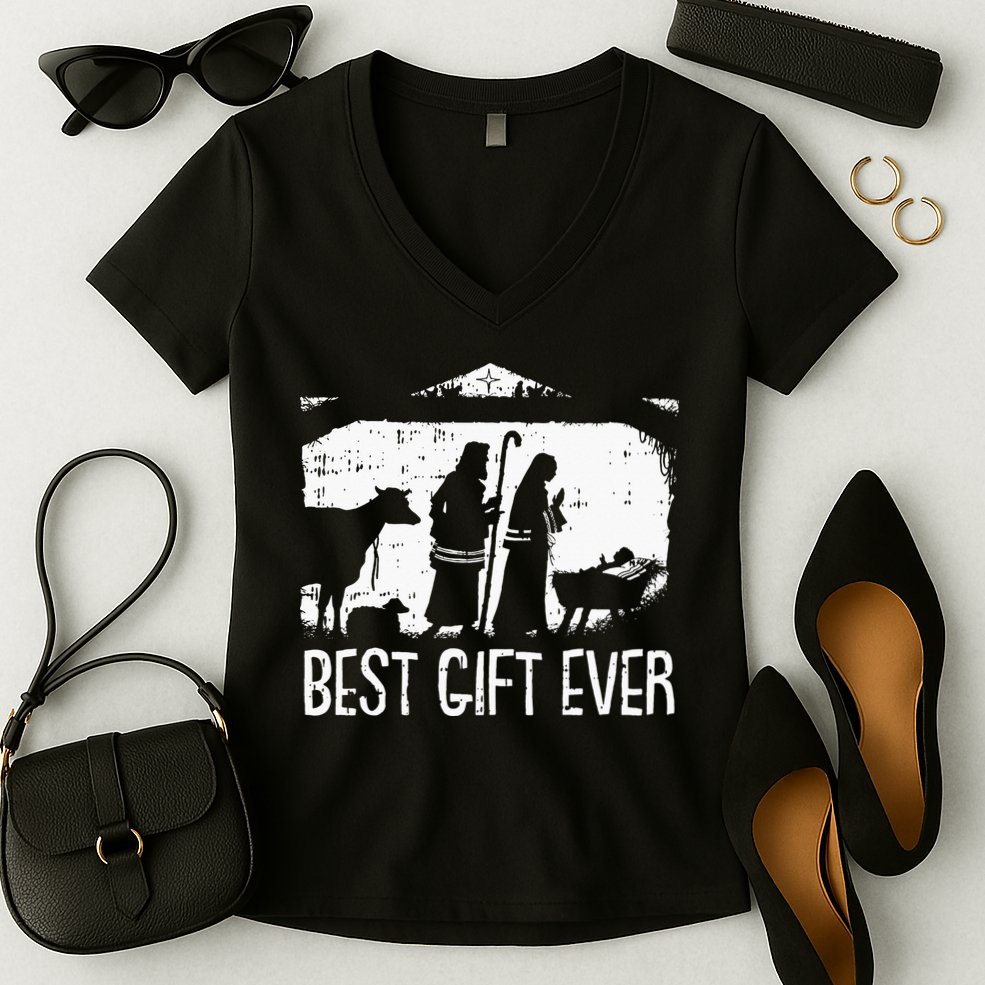 Best Ever Christmas Cool Jesus Nativity Scene Christian Women's V-Neck T-Shirt