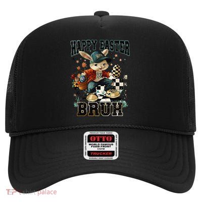 Bruh Easter Day Retro Checked Bunny Eggs 1 High Crown Mesh Back Trucker Hat