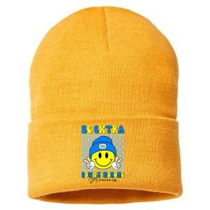 Be Extra Down Syndrome Awareness Yellow And Blue Smile Face Sustainable Knit Beanie