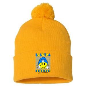 Be Extra Down Syndrome Awareness Yellow And Blue Smile Face Pom Pom 12in Knit Beanie