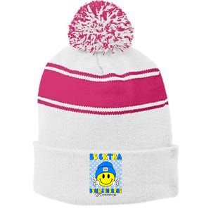 Be Extra Down Syndrome Awareness Yellow And Blue Smile Face Stripe Pom Pom Beanie