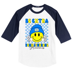 Be Extra Down Syndrome Awareness Yellow And Blue Smile Face Baseball Sleeve Shirt