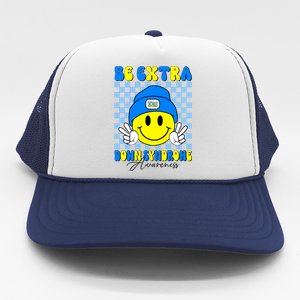 Be Extra Down Syndrome Awareness Yellow And Blue Smile Face Trucker Hat