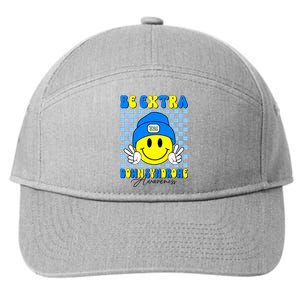 Be Extra Down Syndrome Awareness Yellow And Blue Smile Face 7-Panel Snapback Hat