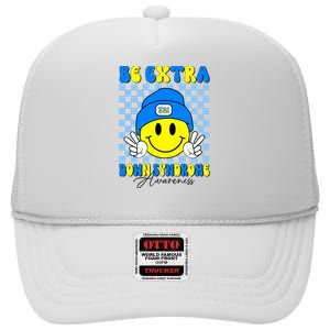 Be Extra Down Syndrome Awareness Yellow And Blue Smile Face High Crown Mesh Back Trucker Hat