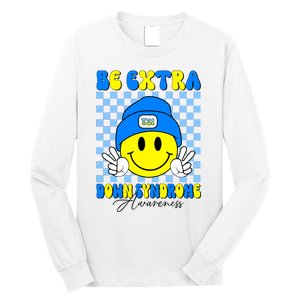 Be Extra Down Syndrome Awareness Yellow And Blue Smile Face Long Sleeve Shirt