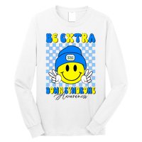 Be Extra Down Syndrome Awareness Yellow And Blue Smile Face Long Sleeve Shirt