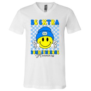 Be Extra Down Syndrome Awareness Yellow And Blue Smile Face V-Neck T-Shirt