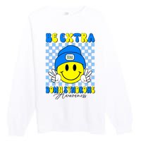 Be Extra Down Syndrome Awareness Yellow And Blue Smile Face Premium Crewneck Sweatshirt