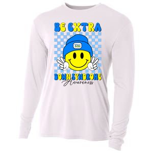 Be Extra Down Syndrome Awareness Yellow And Blue Smile Face Cooling Performance Long Sleeve Crew