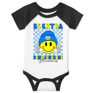 Be Extra Down Syndrome Awareness Yellow And Blue Smile Face Infant Baby Jersey Bodysuit