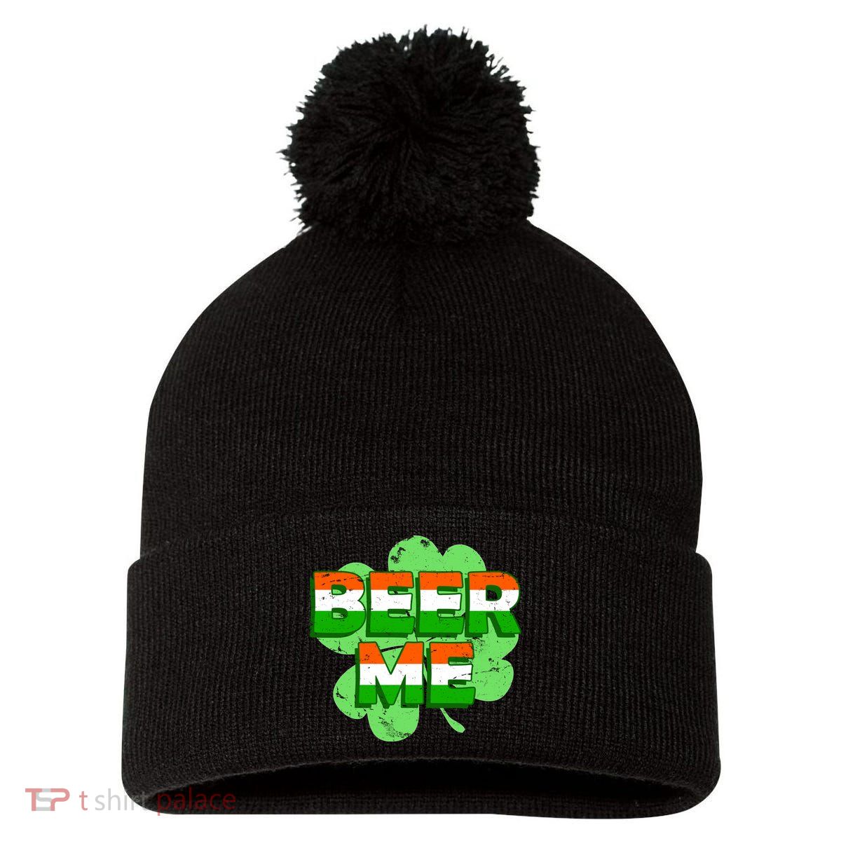 Beer Me St. Patrick's Day Irish Flag Clover Pom Pom 12in Knit Beanie