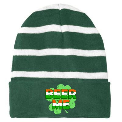 Beer Me St. Patrick's Day Irish Flag Clover Striped Beanie with Solid Band