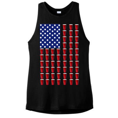 Beer Pong USA American Flag Ladies PosiCharge Tri-Blend Wicking Tank