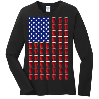 Beer Pong USA American Flag Ladies Long Sleeve Shirt