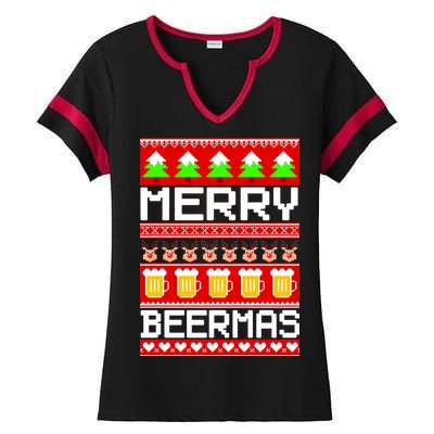 Beer Ugly Christmas Sweater Merry Beermas Ladies Halftime Notch Neck Tee