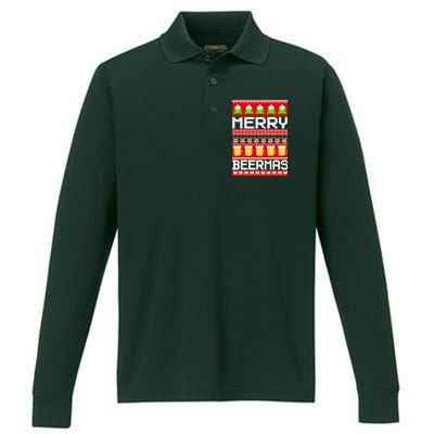 Beer Ugly Christmas Sweater Merry Beermas Performance Long Sleeve Polo