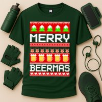 Beer Ugly Christmas Sweater Merry Beermas Cooling Performance Crew T-Shirt