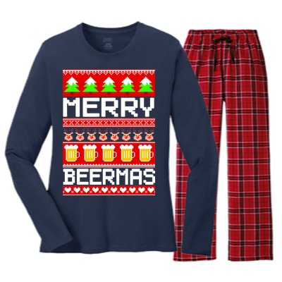 Beer Ugly Christmas Sweater Merry Beermas Women's Long Sleeve Flannel Pajama Set 