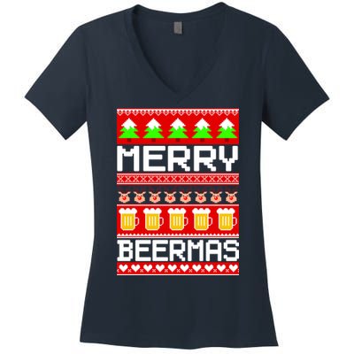 Beer Ugly Christmas Sweater Merry Beermas Women's V-Neck T-Shirt