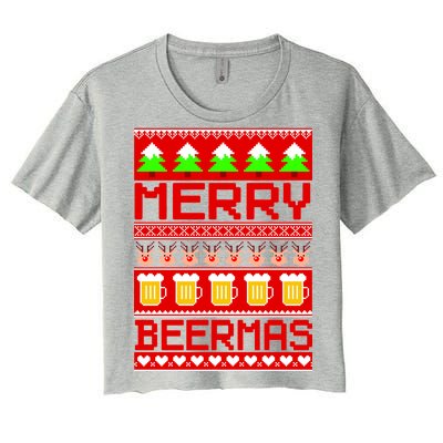 Beer Ugly Christmas Sweater Merry Beermas Women's Crop Top Tee