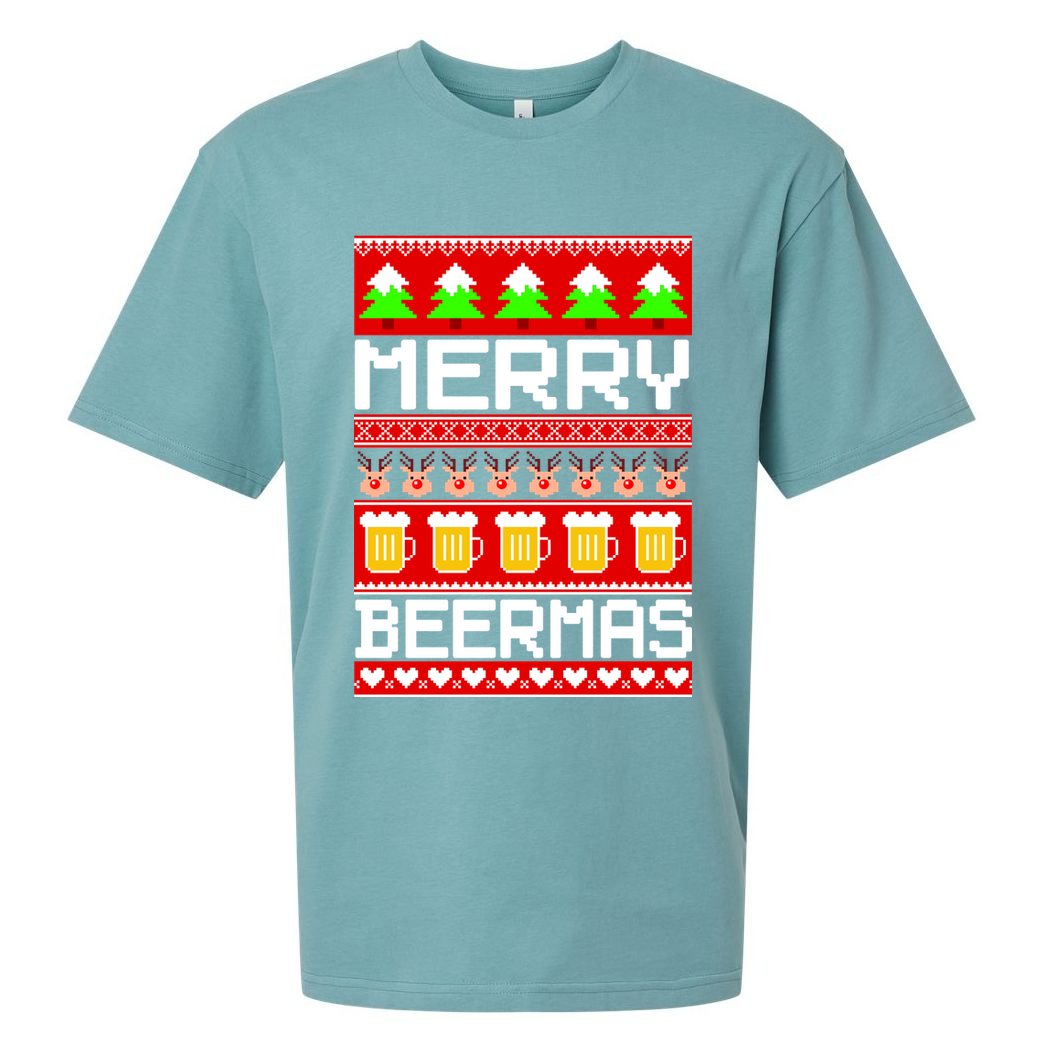 Beer Ugly Christmas Sweater Merry Beermas Sueded Cloud Jersey T-Shirt