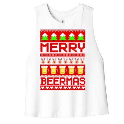 Beer Ugly Christmas Sweater Merry Beermas Women's Racerback Cropped Tank