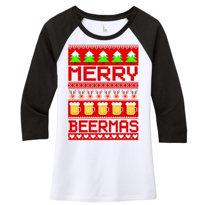 Beer Ugly Christmas Sweater Merry Beermas Women's Tri-Blend 3/4-Sleeve Raglan Shirt